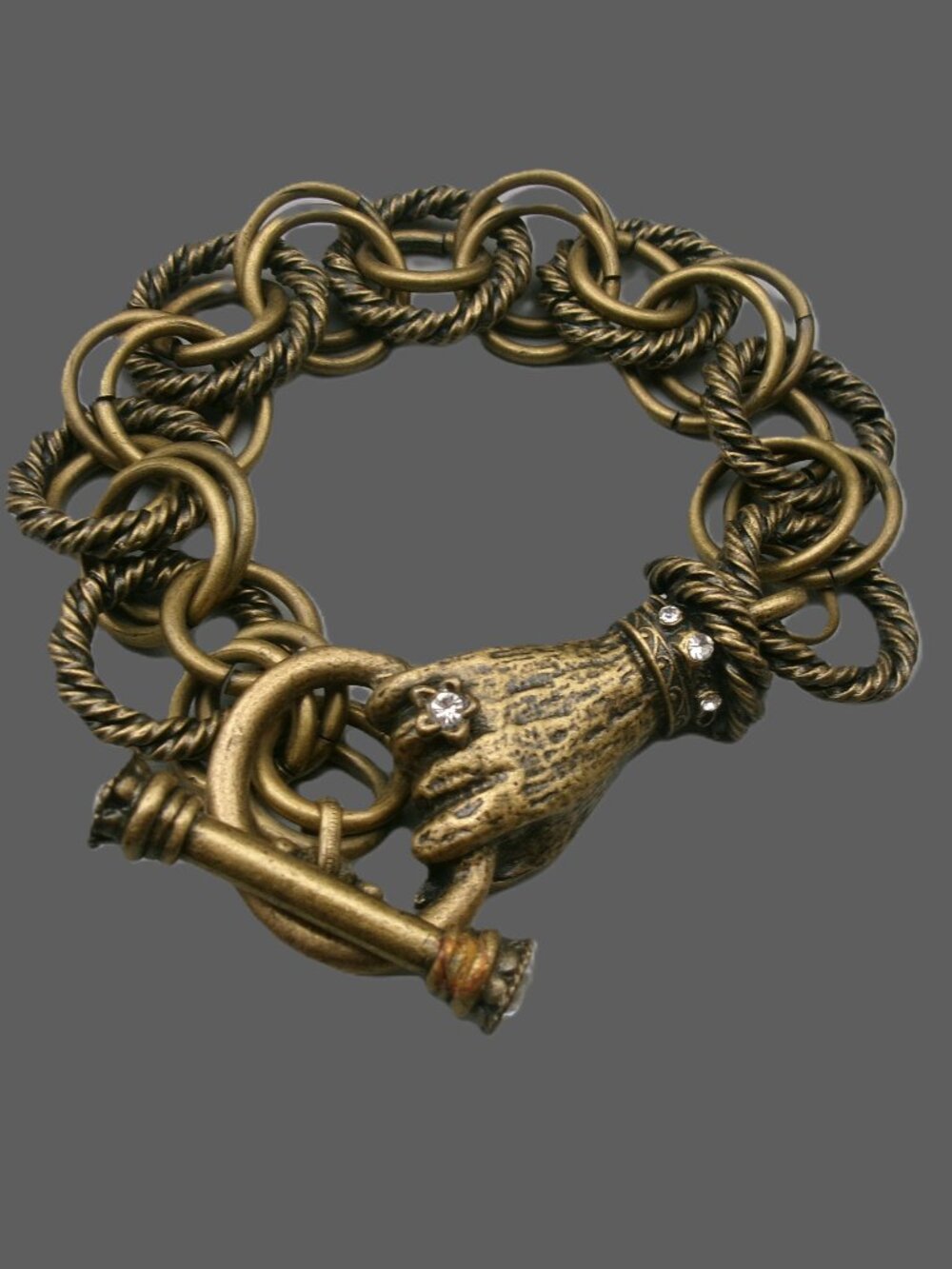 Sweet Romance Bracelet w/ Detailed Figural Hand Toggle, Antiqued Gold